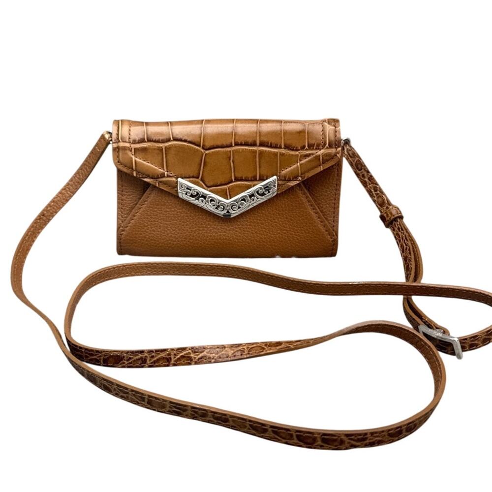 Brighton Brown Leather Croc Embossed Silver Envelope Clutch Crossbody Wallet